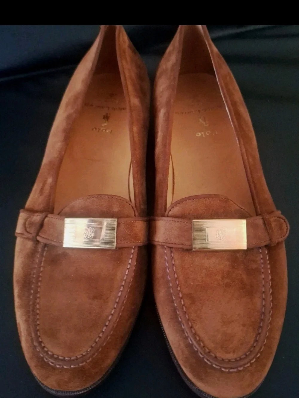 Polo Ralph Lauren Italy Suede Loafers Gold Plaque Block Heel NWOT Brown 9.5 D